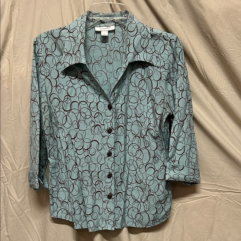 Dressbarn Teal and Brown Circle Pattern Blouse